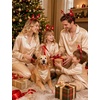 image:imageSWOMOG Family Matching Button Down Pajamas Pjs Silk Satin Long Sleeve Shirt Long Pants Set Sleepwear 2 Pcs Outfits LoungewearChampagne