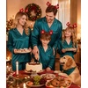 image:imageSWOMOG Family Matching Button Down Pajamas Pjs Silk Satin Long Sleeve Shirt Long Pants Set Sleepwear 2 Pcs Outfits LoungewearGreen