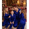 image:imageSWOMOG Family Matching Button Down Pajamas Pjs Silk Satin Long Sleeve Shirt Long Pants Set Sleepwear 2 Pcs Outfits LoungewearNavy Blue