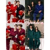 image:imageSWOMOG Family Matching Button Down Pajamas Pjs Silk Satin Long Sleeve Shirt Long Pants Set Sleepwear 2 Pcs Outfits LoungewearReda