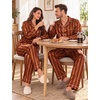 image:imageSWOMOG Family Matching Pajamas Set Silk Satin Button Down Sleepwear Long Sleeve Nightwear 2 Pcs Pj Set SXXLBrown Stripes