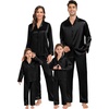 image:imageSWOMOG Family Matching Pajamas Silk Satin Long Sleeve Sleepwear Soft Button Down Loungewear 2 Pcs Pj SetBlack