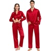 image:imageSWOMOG Family Matching Pajamas Silk Satin Long Sleeve Sleepwear Soft Button Down Loungewear 2 Pcs Pj SetRed