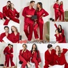 image:imageSWOMOG Family Matching Pajamas Silk Satin Long Sleeve Sleepwear Soft Button Down Loungewear 2 Pcs Pj SetRed