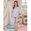 image:imageSWOMOG Kids Pajamas Sets 3PCS Short Sleeve Long Pants with Shorts Girls Boys Button Down PJS Cute Loungewear for 4T15YearsBlue Monkey