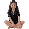 image:imageSWOMOG Kids Satin Pajamas Sets Girls Boys ButtonDown Pjs Short Sleeve Silk Nightwear 2 Piece Lounge SetsBlack