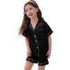 image:imageSWOMOG Kids Satin Pajamas Sets Girls Boys ButtonDown Pjs Short Sleeve Silk Nightwear 2 Piece Lounge SetsBlack
