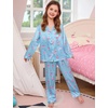 image:imageSWOMOG Kids Satin Pajamas Sets Girls Boys ButtonDown Pjs Short Sleeve Silk Nightwear 2 Piece Lounge SetsLong Sleeveblue Flamingo
