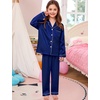 image:imageSWOMOG Kids Satin Pajamas Sets Girls Boys ButtonDown Pjs Short Sleeve Silk Nightwear 2 Piece Lounge SetsLong Sleevenavy Blue