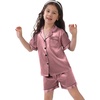 image:imageSWOMOG Kids Satin Pajamas Sets Girls Boys ButtonDown Pjs Short Sleeve Silk Nightwear 2 Piece Lounge SetsMisty Rose
