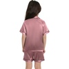 image:imageSWOMOG Kids Satin Pajamas Sets Girls Boys ButtonDown Pjs Short Sleeve Silk Nightwear 2 Piece Lounge SetsMisty Rose
