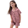 image:imageSWOMOG Kids Satin Pajamas Sets Girls Boys ButtonDown Pjs Short Sleeve Silk Nightwear 2 Piece Lounge SetsMisty Rose