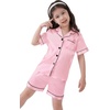 image:imageSWOMOG Kids Satin Pajamas Sets Girls Boys ButtonDown Pjs Short Sleeve Silk Nightwear 2 Piece Lounge SetsPink