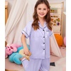 image:imageSWOMOG Kids Silk Pajamas 3 Piece Girls Boys Satin Pajamas Set ButtonDown PJs Set Soft Loungewear Short Sleeve SleepwearLavender