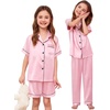 image:imageSWOMOG Kids Silk Pajamas 3 Piece Girls Boys Satin Pajamas Set ButtonDown PJs Set Soft Loungewear Short Sleeve SleepwearLight Pink