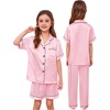 image:imageSWOMOG Kids Silk Pajamas 3 Piece Girls Boys Satin Pajamas Set ButtonDown PJs Set Soft Loungewear Short Sleeve SleepwearLight Pink