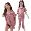 image:imageSWOMOG Kids Silk Pajamas 3 Piece Girls Boys Satin Pajamas Set ButtonDown PJs Set Soft Loungewear Short Sleeve SleepwearMisty Rose