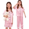 image:imageSWOMOG Kids Silk Pajamas 3 Piece Girls Boys Satin Pajamas Set ButtonDown PJs Set Soft Loungewear Short Sleeve SleepwearPink