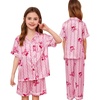 image:imageSWOMOG Kids Silk Pajamas 3 Piece Girls Boys Satin Pajamas Set ButtonDown PJs Set Soft Loungewear Short Sleeve SleepwearPink Bow