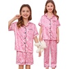 image:imageSWOMOG Kids Silk Pajamas 3 Piece Girls Boys Satin Pajamas Set ButtonDown PJs Set Soft Loungewear Short Sleeve SleepwearPink Leopard