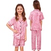 image:imageSWOMOG Kids Silk Pajamas 3 Piece Girls Boys Satin Pajamas Set ButtonDown PJs Set Soft Loungewear Short Sleeve SleepwearPink Print Leopard