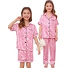 image:imageSWOMOG Kids Silk Pajamas 3 Piece Girls Boys Satin Pajamas Set ButtonDown PJs Set Soft Loungewear Short Sleeve SleepwearPink Print Leopard