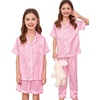 image:imageSWOMOG Kids Silk Pajamas 3 Piece Girls Boys Satin Pajamas Set ButtonDown PJs Set Soft Loungewear Short Sleeve SleepwearPink Striped