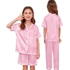 image:imageSWOMOG Kids Silk Pajamas 3 Piece Girls Boys Satin Pajamas Set ButtonDown PJs Set Soft Loungewear Short Sleeve SleepwearPink Striped
