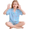 image:imageSWOMOG Kids Silky Satin Pajamas Set Girls Boys ButtonDown Sleepwear Short Sleeve 2 Piece PJs Sets Lounge SetsBlue Flamingo