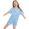 image:imageSWOMOG Kids Silky Satin Pajamas Set Girls Boys ButtonDown Sleepwear Short Sleeve 2 Piece PJs Sets Lounge SetsBlue Flamingo