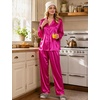 image:imageSWOMOG Long Sleeve Pajamas Set Silk Satin Sleepwear Button Down Pjs Loungewear with PocketRose Red