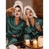 image:imageSWOMOG Long Sleeve Pajamas Set Silk Satin Sleepwear Button Down Pjs Loungewear with PocketStriped in Deep Green