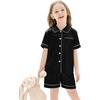 image:imageSWOMOG Unisex Kids Silk Satin Pajamas Sets Girls Boys Pjs Set ButtonDown Sleepwear Short Sleeve Nightwear 2 PieceBlack