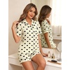 image:imageSWOMOG Women 2 Piece Pajamas Sets Short Sleeve Pj Sets Cute Printed Sleepwear Button Down Shirt with Lounge Shorts SetBeige Heart