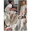 image:imageSWOMOG Womens 2 Piece Pajama Sets Shorts Sleeve Pajamas Cute Pj Set Lounge Matching Pjs Button Shirt with Long PantsBeige Cherry