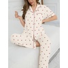 image:imageSWOMOG Womens 2 Piece Pajama Sets Shorts Sleeve Pajamas Cute Pj Set Lounge Matching Pjs Button Shirt with Long PantsBeige Cherry