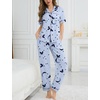 image:imageSWOMOG Womens 2 Piece Pajama Sets Shorts Sleeve Pajamas Cute Pj Set Lounge Matching Pjs Button Shirt with Long PantsBlue Butterfly