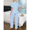 image:imageSWOMOG Womens 2 Piece Pajama Sets Shorts Sleeve Pajamas Cute Pj Set Lounge Matching Pjs Button Shirt with Long PantsLight Blue Striped