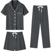image:imageSWOMOG Womens 3pcs Button Down Pajamas Set Short Sleeve Sleepwear Bride Pj Lounge Set with Long PantsDeep Grey