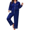 image:imageSWOMOG Womens Plus Size Pajamas Set Silk Satin Button Down Sleepwear Long Sleeve Pjs Set 2 Piece Loungewear with PocketsNavy Blue