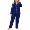 image:imageSWOMOG Womens Plus Size Pajamas Set Silk Satin Button Down Sleepwear Long Sleeve Pjs Set 2 Piece Loungewear with PocketsNavy Blue