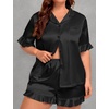 image:imageSWOMOG Womens Satin Plus Size Pajamas Silk Short Sleeve Pjs Sets Ruffle Shorts 2 Piece Loose Outfit Sleepwear with PocketBlack