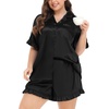 image:imageSWOMOG Womens Satin Plus Size Pajamas Silk Short Sleeve Pjs Sets Ruffle Shorts 2 Piece Loose Outfit Sleepwear with PocketBlack
