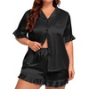 image:imageSWOMOG Womens Satin Plus Size Pajamas Silk Short Sleeve Pjs Sets Ruffle Shorts 2 Piece Loose Outfit Sleepwear with PocketBlack