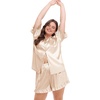 image:imageSWOMOG Womens Satin Plus Size Pajamas Silk Short Sleeve Pjs Sets Ruffle Shorts 2 Piece Loose Outfit Sleepwear with PocketChampagne