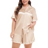 image:imageSWOMOG Womens Satin Plus Size Pajamas Silk Short Sleeve Pjs Sets Ruffle Shorts 2 Piece Loose Outfit Sleepwear with PocketChampagne