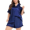 image:imageSWOMOG Womens Satin Plus Size Pajamas Silk Short Sleeve Pjs Sets Ruffle Shorts 2 Piece Loose Outfit Sleepwear with PocketNavy Blue