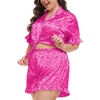 image:imageSWOMOG Womens Satin Plus Size Pajamas Silk Short Sleeve Pjs Sets Ruffle Shorts 2 Piece Loose Outfit Sleepwear with PocketPink Leopard