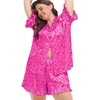 image:imageSWOMOG Womens Satin Plus Size Pajamas Silk Short Sleeve Pjs Sets Ruffle Shorts 2 Piece Loose Outfit Sleepwear with PocketPink Leopard