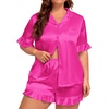 image:imageSWOMOG Womens Satin Plus Size Pajamas Silk Short Sleeve Pjs Sets Ruffle Shorts 2 Piece Loose Outfit Sleepwear with PocketRose Red